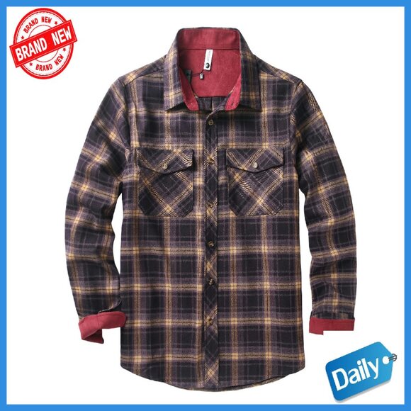 Men's Premium Flannel Button-Down Shirt Long Sleeve Utility Plaid